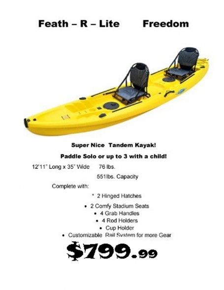 Feath-R-Lite Freedom Tandem kayak 12'11" long 551lbs capacity 2 stadium seats 4 rod holders 4 grab handles 