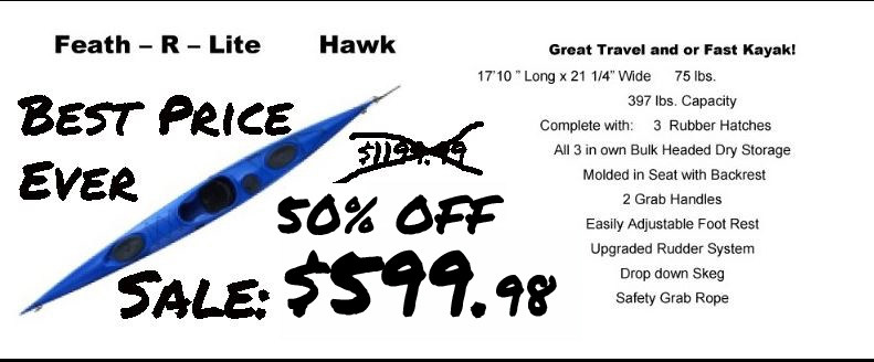 Feath-R-Lite Hawk 17'10" long 397lbs Capacity 3 rubber hatches upgraded rudder system molded seat with backrest 