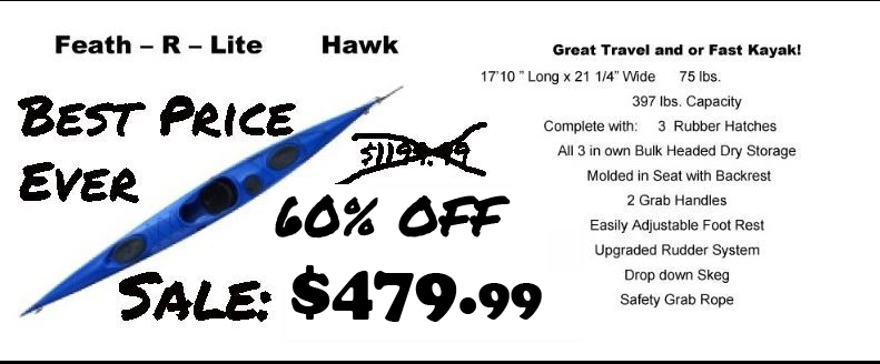 Feath-R-Lite Hawk 17'10" long 397lbs Capacity 3 rubber hatches upgraded rudder system molded seat with backrest 